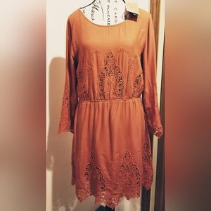 Gianni Bini Orange Coral Lace Eyelet 3/4 Sleeve Micro Shift Short Dress L NWT